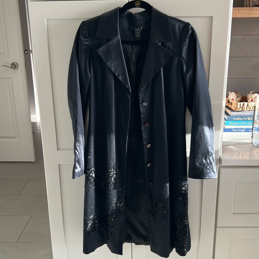 Luxe Arden B. long Black silk trench coat